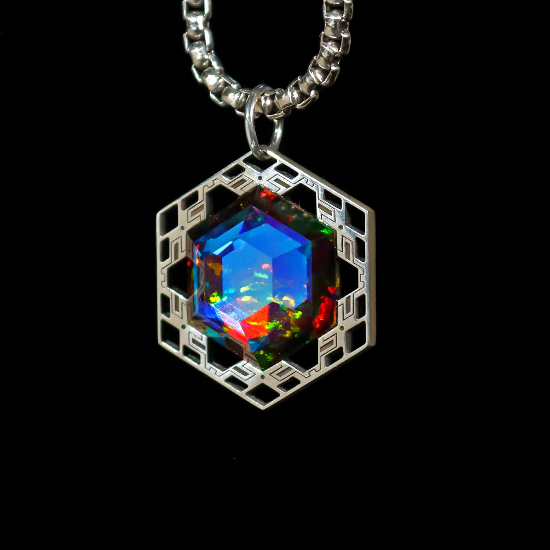 Silver Hexagon Window Opal Amulet